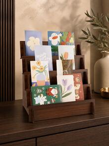 Cirelle 1pc Wood Card Display Stand With Grooves, Tiered Greeting Card Organizer Rack For Retail Store, Desk, Craft Show, Portable Wooden Sticker Holder For Postcards, Jewelry, Small Items - multicolor - View 2