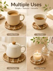Cirelle Round Woven Rattan Coaster, Handmade Ins Style Heat Resistant Trivet Pad & Drink Mat For Coffee Cups, Tea Mugs, Pots, Pans, Dining Table, Kitchen, Restaurant, Boho Home Decor, Holiday & Housewarming Gift - Multicolor - View 6