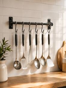 Zazumi 1pc Simple Stylish Wall‑Mounted Black Movable Hooks Are Suitable For Kitchen Utensil Storage, Cookware Organizing, And Gadget Hanging. They Come With Mounting Hardware, Making Installation Fast And Convenient For Home Use. - Black - View 10
