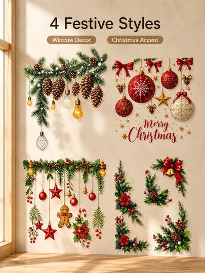 Cirelle 1SET Christmas Window Sticker Decoration, Pine Cone And Bell Pattern Holiday Decals, Festive Winter Design Self Adhesive Stickers For Glass Windows, Door, Home Decor, Christmas Party, Seasonal Display And Holiday Decoration
