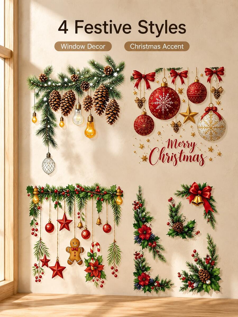 Cirelle 1SET Christmas Window Sticker Decoration, Pine Cone And Bell Pattern Holiday Decals, Festive Winter Design Self Adhesive Stickers For Glass Windows, Door, Home Decor, Christmas Party, Seasonal Display And Holiday Decoration - multicolor - View 1