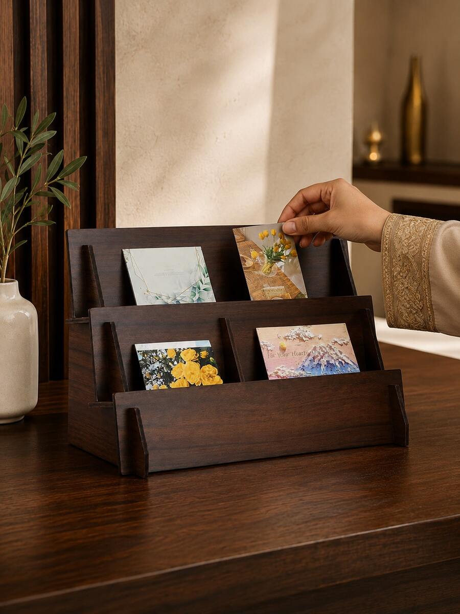 Cirelle 1pc Wood Card Display Stand With Grooves, Tiered Greeting Card Organizer Rack For Retail Store, Desk, Craft Show, Portable Wooden Sticker Holder For Postcards, Jewelry, Small Items - multicolor - View 1