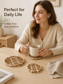 Cirelle Round Woven Rattan Coaster, Handmade Ins Style Heat Resistant Trivet Pad & Drink Mat For Coffee Cups, Tea Mugs, Pots, Pans, Dining Table, Kitchen, Restaurant, Boho Home Decor, Holiday & Housewarming Gift - Multicolor - View 7