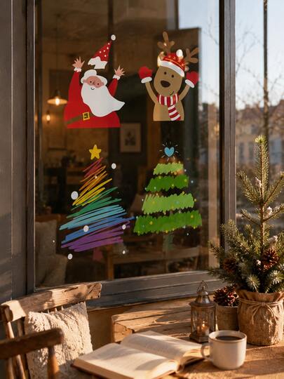 Joivida 1 pieza Adhesivo estático para ventana navideña, pegatina para puerta de vidrio, calcomanía de Papá Noel, renos y árbol de Navidad, decoración navideña sin adhesivo para tienda, cafetería, hogar, fiesta, Año Nuevo & exhibición navideña, 6 estilos