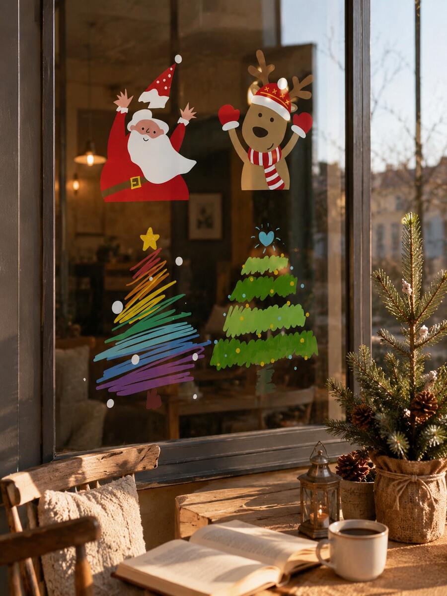 Joivida 1Pc Christmas Window Cling, Static Glass Door Sticker, Santa Reindeer Christmas Tree Decal, No-Adhesive Holiday Window Decor For Shop, Cafe, Home, Party, New Year & Christmas Display, 6 Styles - multicolor - View 1