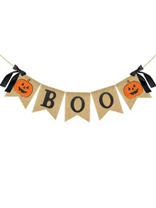 Halloween Linen Hanging Garland Banner With "Boo", Lantern & Pumpkin Prints, Decor For Fireplace Home Party, 1 Pc - View 7