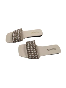 Flat Plastic Sandal For Women, Large Size, Easy To Wear, Rhinestone Embellished, Multi-Functional For Outdoor Use, Anti-Slip - White - View 4