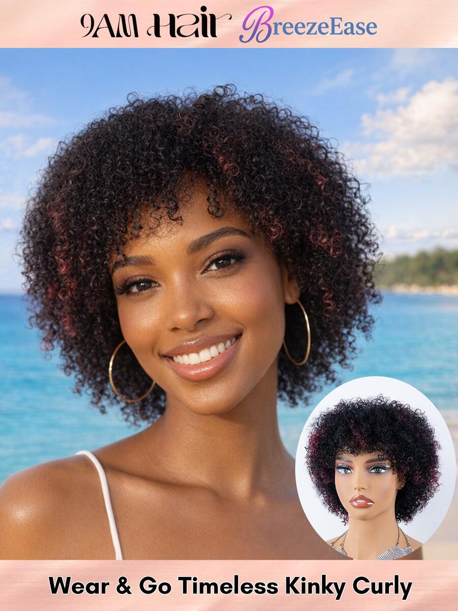 BreezeEase Wine Red Mixed Natural Black Kinky Curly Human Hair Wigs Glueless Install With Bangs For Women, Highlights Curly Wave Pixie Cut Wig Human Hair, Jerry Curl None Lace Wigs Human Hair Wear & Go For Beginner Friendly 9AM Hair Halloween Cosplay Y2K Ss26 - S1B/99JC - View 1