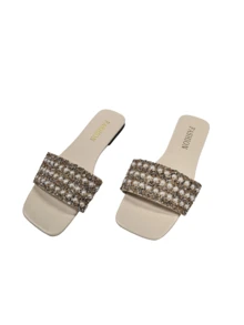Flat Plastic Sandal For Women, Large Size, Easy To Wear, Rhinestone Embellished, Multi-Functional For Outdoor Use, Anti-Slip - White - View 6