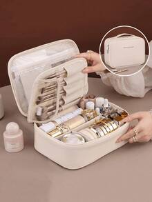 Found Favorite 1 Large Capacity Partitioned Storage Makeup Bag, Travel Portable Toiletry Bag, Cosmetics Storage Bag, Multi-Layer Detachable Makeup Bag, Unisex - White - View 1