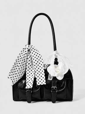 Kawaii Bolso de hombro negro de charol para mujer con dije de orquídea