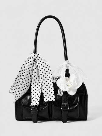 Kawaii Bolso de hombro negro de charol para mujer con dije de orquídea