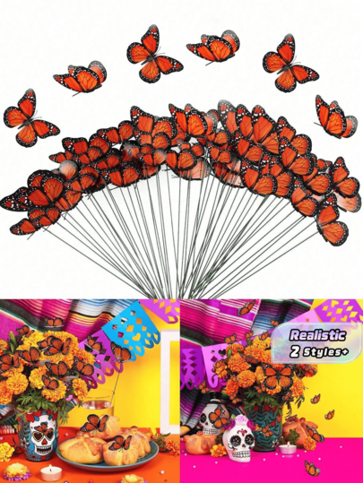 10/20pcs Monarch Butterfly Decorative Stakes, Waterproof Garden Butterfly Decorations, 3D Monarch Butterfly, Suitable For Day Of The Dead, Halloween Party Supplies, Valentine's Day, Home Decor, Flower Pot And Bonsai Decorations, Christmas