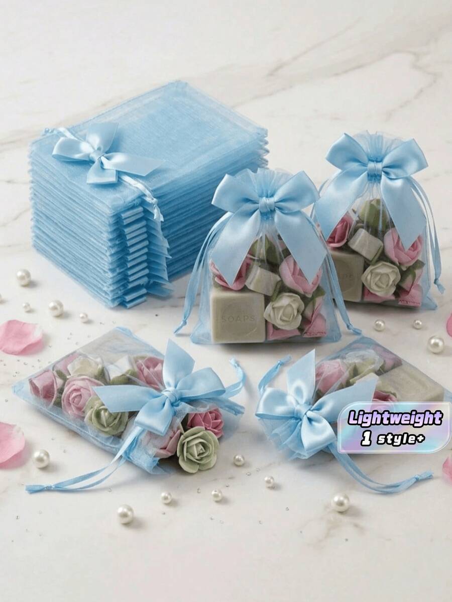 1pc 28pcs Elegant Organza Drawstring Gift Bags With Ribbon Bow Sheer Mesh Pouches For Jewelry Soap Candy Favors Wedding Birthday Party Present Wrapping - Bow Style - View 1