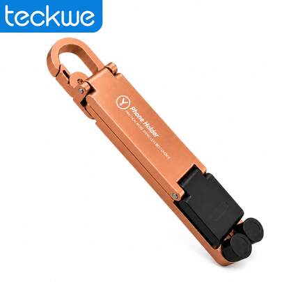 Teckwe Soporte plegable mini de aleación de aluminio para teléfono con mosquetón llavero, soporte portátil y compacto para viajes, soporte de escritorio ajustable para smartphones de hasta 20.32 cm