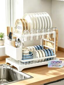 Large Metal 2-Tier Dish Drying Rack With Drip Tray, Glass Cup Holder And Utensil Rack, Multi-Functional Kitchen Countertop Storage Organizer, Suitable For Plates, Bowls, Kitchen Utensils, Home Kitchen Drainage And Tidy Storage Accessory, Christmas - Multicolor - View 1