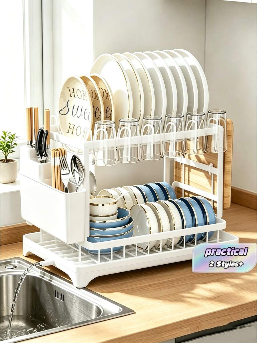 Large Metal 2-Tier Dish Drying Rack With Drip Tray, Glass Cup Holder And Utensil Rack, Multi-Functional Kitchen Countertop Storage Organizer, Suitable For Plates, Bowls, Kitchen Utensils, Home Kitchen Drainage And Tidy Storage Accessory, Christmas - Multicolor - View 1