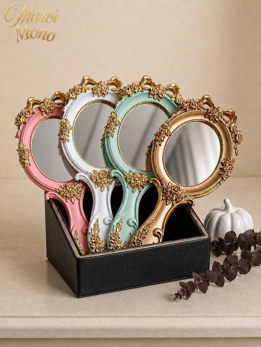 Muroi Mono 1Pc Resin Retro Baroque Hand Mirror, Ins Luxury Embossed Floral Princess Lolita Makeup Mirror, Clear Portable Handheld Cosmetic Mirror For Salon Grooming & Room Ornament, Nice Present For Birthday, Valentine's Day, Mother's Day, Thanksgiving Day - Multicolor - View 1