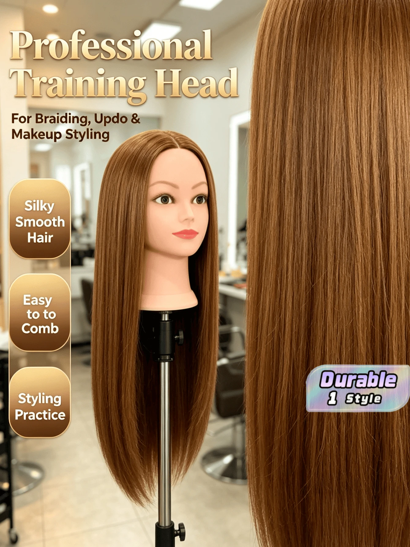 1pc Long Straight Hair Mannequin Head, High Temperature Synthetic Hair Training Head For Hairdresser, Braiding, Updo & Makeup Styling Practice(Without Stand) - Gold - View 1