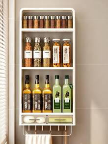 1pc No Drill Wall‑Mounted Kitchen Spice Storage Rack, 3‑Tier Multifunctional Organizer With Drawers & Hooks, Space‑Saving Seasoning Bottle Holder For Countertop Wall Use - Multicolor - View 4