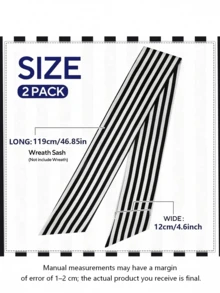 1 Pack/2 Packs Boxwood Wreath Belt Decorative Band, Used For Front Door Porch Decoration (Black And White Striped) - Black - View 2