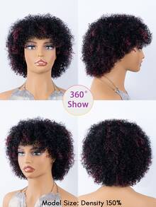 BreezeEase Wine Red Mixed Natural Black Kinky Curly Human Hair Wigs Glueless Install With Bangs For Women, Highlights Curly Wave Pixie Cut Wig Human Hair, Jerry Curl None Lace Wigs Human Hair Wear & Go For Beginner Friendly 9AM Hair Halloween Cosplay Y2K Ss26 - S1B/99JC - View 7