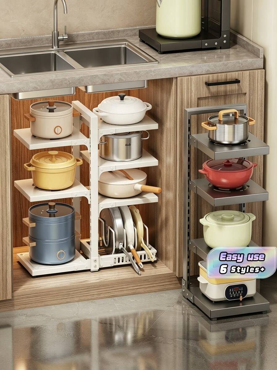 1 pieza Estante organizador de ollas con altura ajustable, estantería de almacenamiento de acero al carbono de carga pesada para encimera de cocina para utensilios de cocina - Multicolor - Ver 1