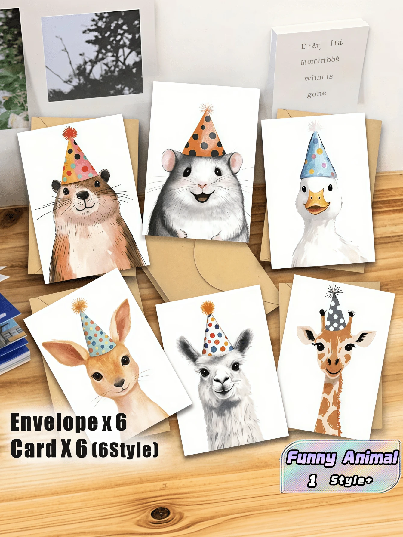 12PCS Funny Animal Birthday Cards With Envelopes Duck Mouse Giraffe Beaver Alpaca Party Hat Design For Family Friends Colleagues Holiday Stationery Cute Colorful Illustration Gift Idea - Multicolor - View 1