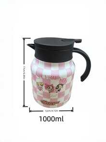 THE POWERPUFF GIRLS X SHEIN 1PC 800ml 1000ml 304 Stainless Steel Long Heat Cold Retention Dust Cover Anti Slip Bottom Lightweight Reusable Pink Grid Character Pattern Thermal Kettle For Commute Hiking Picnic Daily Universal Trending Hydration Container - Multicolor - View 7
