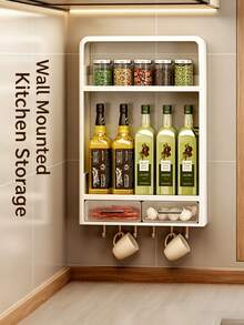 1pc No Drill Wall‑Mounted Kitchen Spice Storage Rack, 3‑Tier Multifunctional Organizer With Drawers & Hooks, Space‑Saving Seasoning Bottle Holder For Countertop Wall Use - Multicolor - View 2