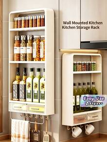 1pc No Drill Wall‑Mounted Kitchen Spice Storage Rack, 3‑Tier Multifunctional Organizer With Drawers & Hooks, Space‑Saving Seasoning Bottle Holder For Countertop Wall Use - Multicolor - View 1