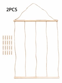 Haus Hana Solid Wood Photo Rack, Popular Hemp Rope Photo Wall, With 20 Bamboo Clip Wall Decorations, Double-Layer Rural Wooden Floating Rack, Bohemian Style Wall Decoration Set, Minimalist Woven Wall Hanging, Bohemian Woven Storage Board Tapestry Hanger - Multicolor - View 11