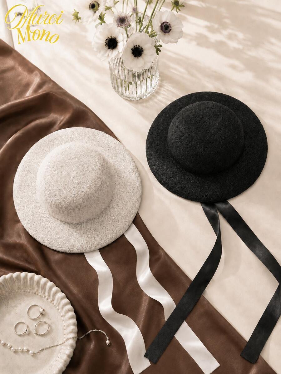 Muroi Mono Elegant French Retro Style Lace Sun Hat, Solid Color Flat Top Bridal Fascinator Hat, Hollow Out Lightweight Mesh Ribbon Hat With Adjustable Chin Strap - Multicolor - View 1