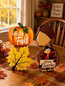 Set Dekorasi Meja Thanksgiving Musim Gugur 4 Buah, Kayu Berdiri Sendiri, Biji Ek, Daun Maple, Kalkun, Tanda Panen Pedesaan, Selamat Datang Musim Gugur, Ucapkan Terima Kasih, Ornamen Rak Perapian Gaya Rumah Pertanian - Bagian A - View 6