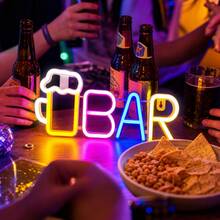 Teckwe Neonljusskylt för bar med ölmugg och ölglas, LED-bokstavslampa, USB- eller batteridriven, bords- och väggdekoration för hembar, man cave, spelrum, kök, pub, födelsedagsparty och som present - Vinglas BAR-rosa och blåvarmt - Visa 5