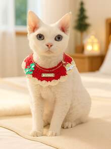 PETSIN 1pc Cat And Dog Universal Christmas Scarf, Hand Crocheted Flower Wreath Pet Bib, Available In Multiple Colors, Suitable For Cats And Small Dogs, Used For Christmas Parties, Holiday Photography, And Holiday Decoration - Multicolor - View 13