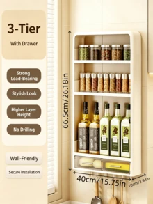 1pc No Drill Wall‑Mounted Kitchen Spice Storage Rack, 3‑Tier Multifunctional Organizer With Drawers & Hooks, Space‑Saving Seasoning Bottle Holder For Countertop Wall Use - Multicolor - View 7