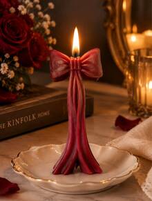Retro Wine Red Bow Ribbon Scented Candle-3D Stereo Ribbon Modeling/Advanced Home Decorative Ornaments/Smokeless Fragrance Gift, Bedroom/Bathroom Atmosphere/Photography Props - Bow Candle - View 3