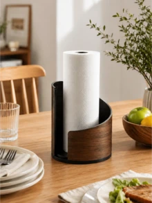 1PC Standard Size Modern Wooden Freestanding Non Slip Waterproof Rustproof Durable Scratch Resistant Easy Clean Space Saving Natural Wood Color Farmhouse Style Vertical Kitchen Countertop Paper Towel Holder Stand Rack For Dining Table Coffee Bar - Brown - View 3