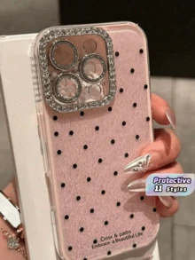 1PC Cute Pink Polka Dot Fashion Phone Cases 1pc Cute INS Style Polka Dot Rhinestone Camera Flash Phone Case Compatible With IPhone 17 Pro 16 Plus 12 15 11 Pro Max 13 14 Plus 17 Pro Max 16 Pro Max 16 Pro Shock-Absorbing 2-In-1 Phone Case Suitable For Family Friends And Couples Spring Gift Birthday Party - Baby Pink - View 1
