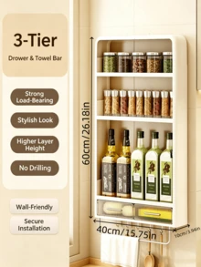 1pc No Drill Wall‑Mounted Kitchen Spice Storage Rack, 3‑Tier Multifunctional Organizer With Drawers & Hooks, Space‑Saving Seasoning Bottle Holder For Countertop Wall Use - Multicolor - View 8
