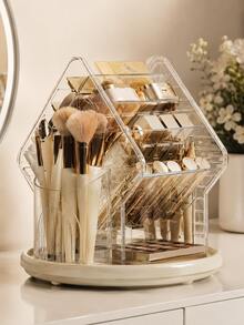 Cirelle 1Pc Rotatable Vanity Decor Organizer,Clear Transparent Structure With Partition Compartments,Organize Cosmetic Essentials,Modern Aesthetic,Housewarming Gift,Bedroom Living Room,Artistic Tabletop Decor For Daily Makeup Arrangement - default - View 2