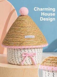 Joivida Thread Woven Storage Basket With Cute Straw‑Style Lid. Compact Size Keeps Small Items Covered From Dust. Lovely Pastel Tones, Ideal For Desktop Tidying And Room Tabletop Display. - Multicolor - View 13