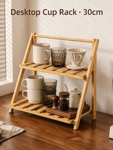 1pc Foldable 2‑Tier Bamboo Cup Storage Rack, No‑Assembly Countertop Coffee Mug Organizer, Slatted Desktop Display Shelf For Kitchen, Multiple Sizes & Colors - Multicolor - View 6