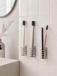 Cirelle 1/2pcs Wall Mounted Toothbrush Holder With Self-Adhesive Back, Compact No-Drill Adhesive Toothbrush Caddy, Space Saving Metal Toothbrush Stand For Bathroom Sink, Rust-Resistant Small Brush Organizer - Multicolor - View 6