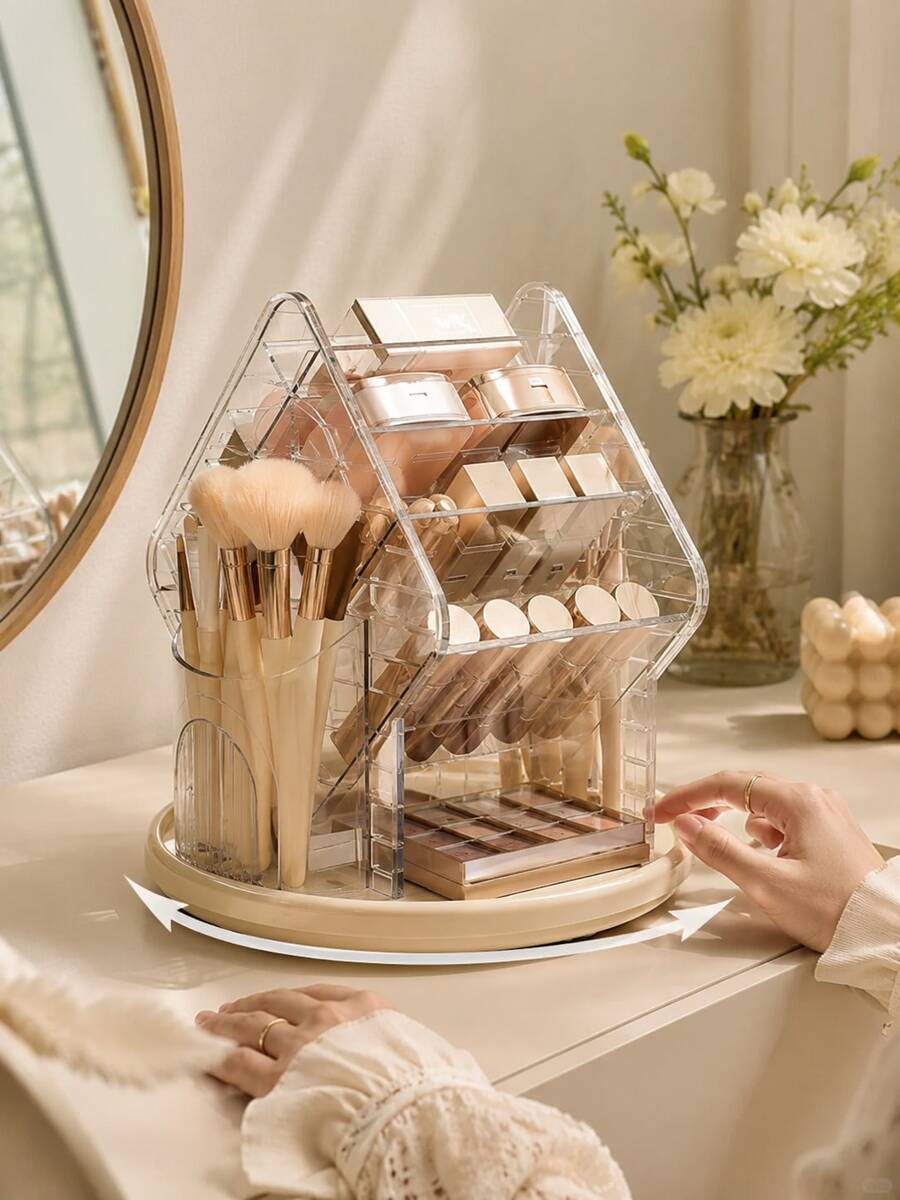 Cirelle 1Pc Rotatable Vanity Decor Organizer,Clear Transparent Structure With Partition Compartments,Organize Cosmetic Essentials,Modern Aesthetic,Housewarming Gift,Bedroom Living Room,Artistic Tabletop Decor For Daily Makeup Arrangement - default - View 1