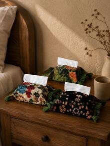 Cirelle 1pc Vintage Floral Fabric Tissue Box Cover – Decorative Tissue Box Holder With Tassel Fringe Trim, Fits Standard Square Tissue Boxes, Soft Cloth Tissue Dispenser For Bedside, Bathroom, Living Room Bedroom Home Decor - Multicolor - View 10
