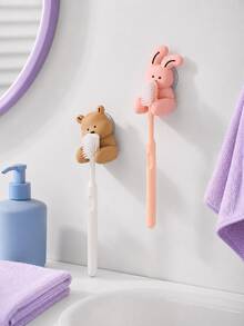 Joivida 1pc Cute Little Rabbit. Bear Toothbrush Holder. Hole-Less Wall-Mounted Bear-Shaped Toothbrush Holder. Desktop Cable Organizer With A Hanging Hook, Suitable For The Bathroom. Desktop Organization. - Multicolor - View 2