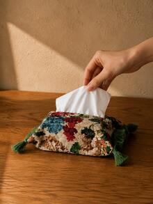 Cirelle 1pc Vintage Floral Fabric Tissue Box Cover – Decorative Tissue Box Holder With Tassel Fringe Trim, Fits Standard Square Tissue Boxes, Soft Cloth Tissue Dispenser For Bedside, Bathroom, Living Room Bedroom Home Decor - Multicolor - View 9