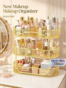 Metal Mesh Makeup Organizer, Large Capacity Vanity Countertop Cosmetic Storage Basket, Multi‑Compartment Skincare Display Rack - Multicolor - View 1